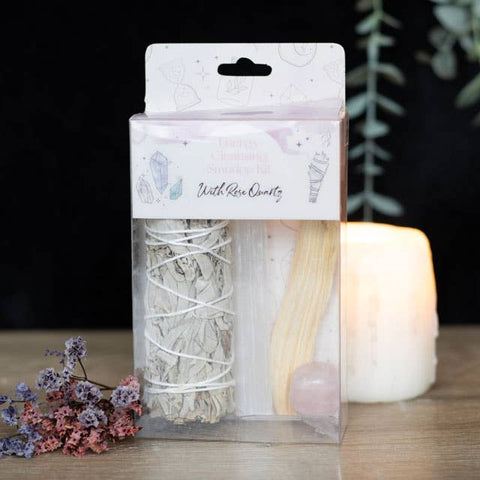 White Smudge Kit with Rose Quartz Crystal